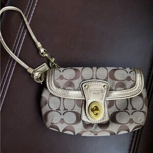 Coach Brown & Gold Wristlet with Signature Pattern